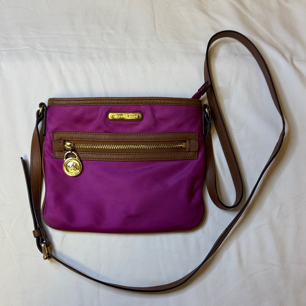 Michael Kors Nylon Crossbody‎ Bag – Fuchsia & Tan Trim